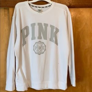 PINK white crew pull over with gray writing